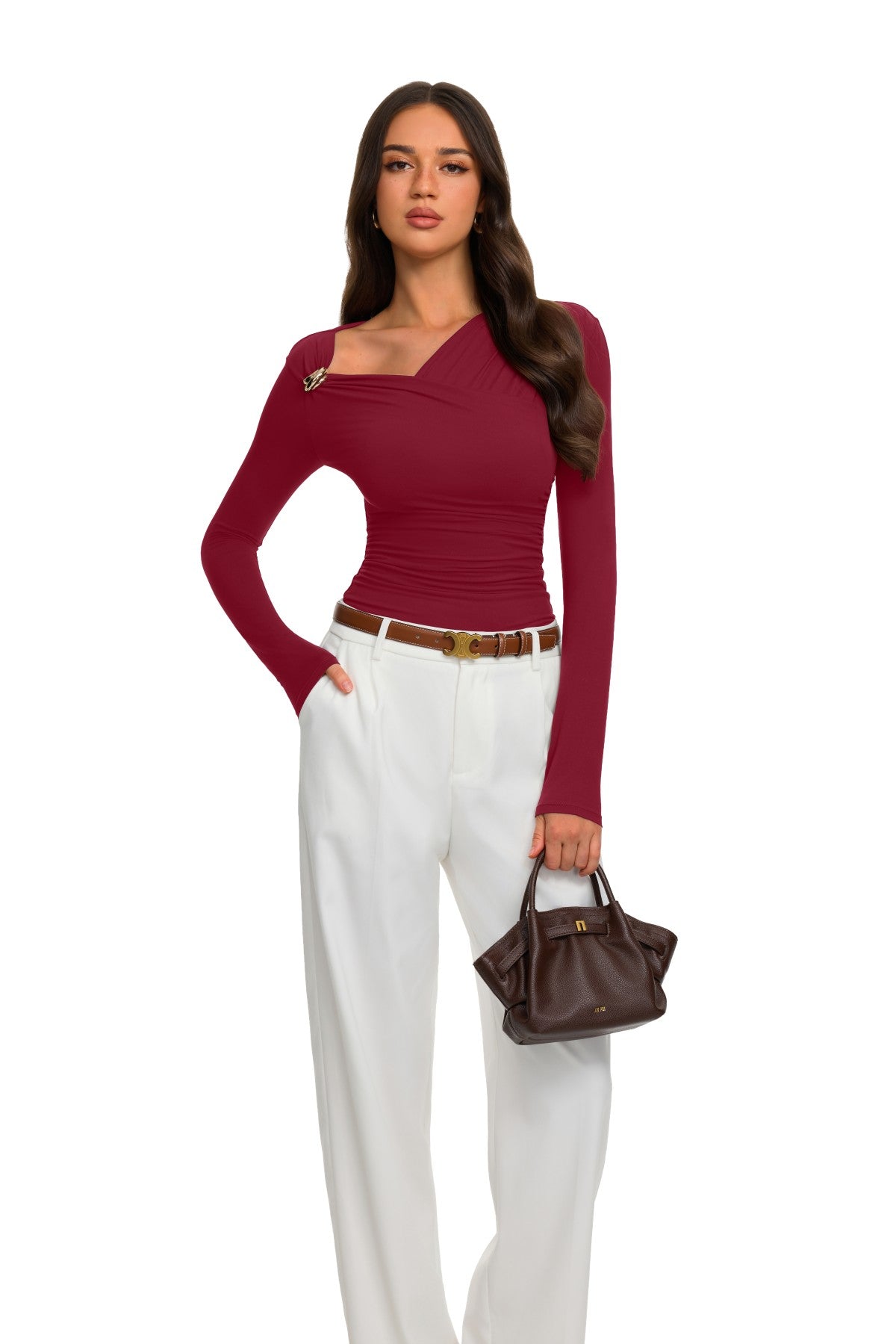 Asymmetrical Ruched Wrap Top with Gold Buckle