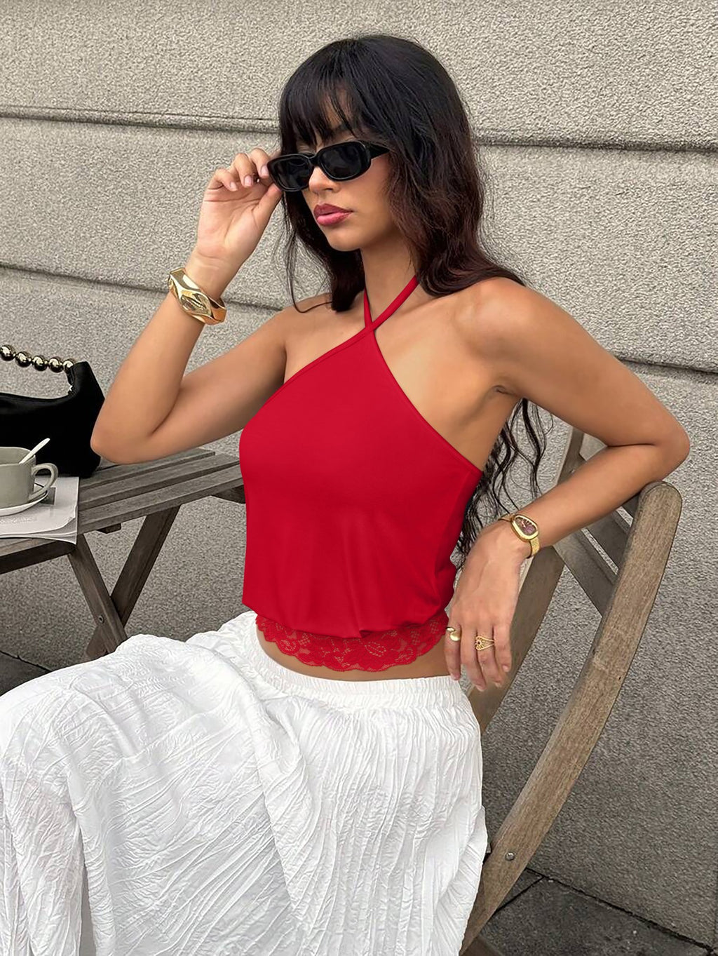REORIA Backless Halter Lace Trim Crop Tank Top