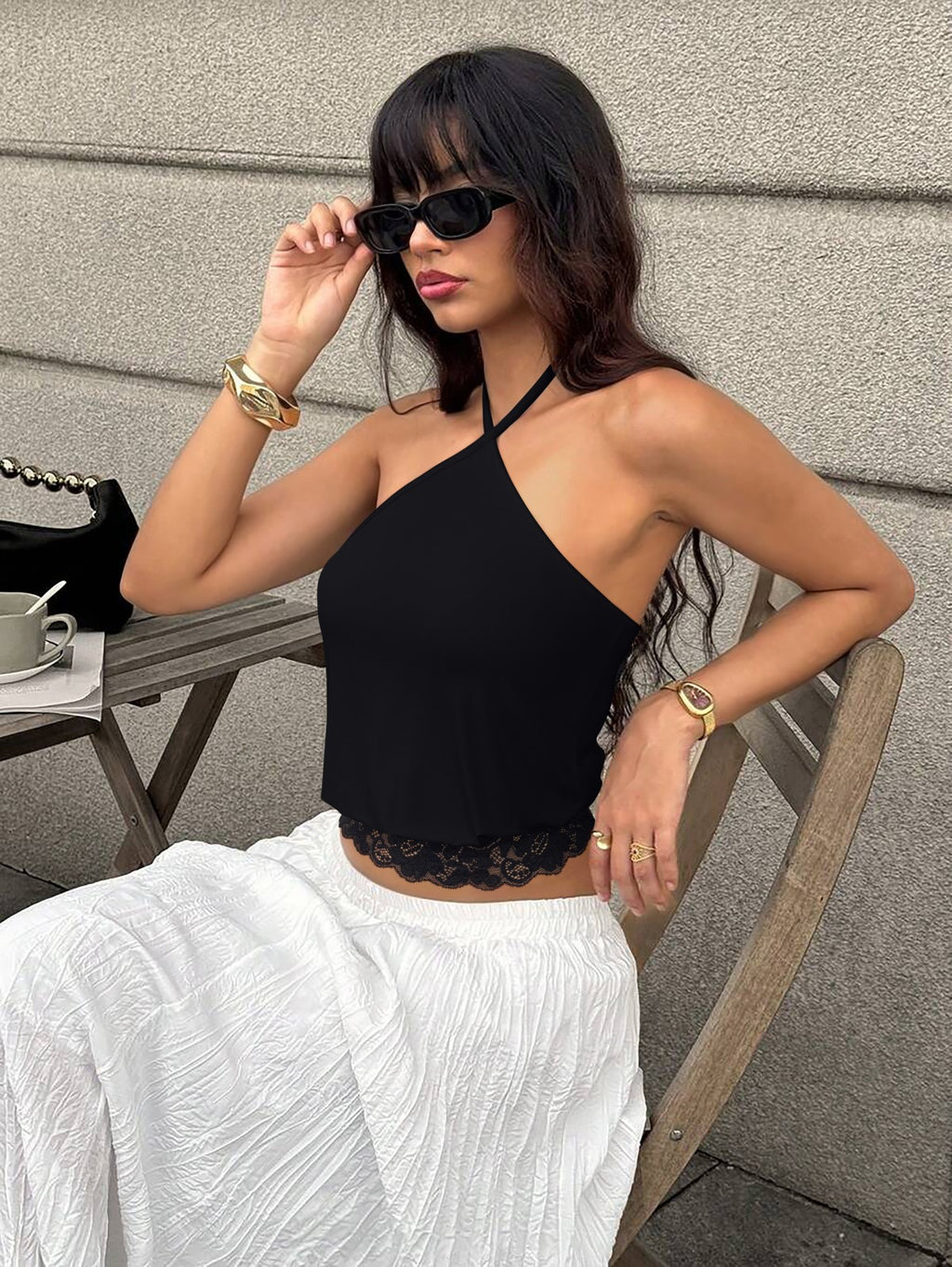 REORIA Backless Halter Lace Trim Crop Tank Top