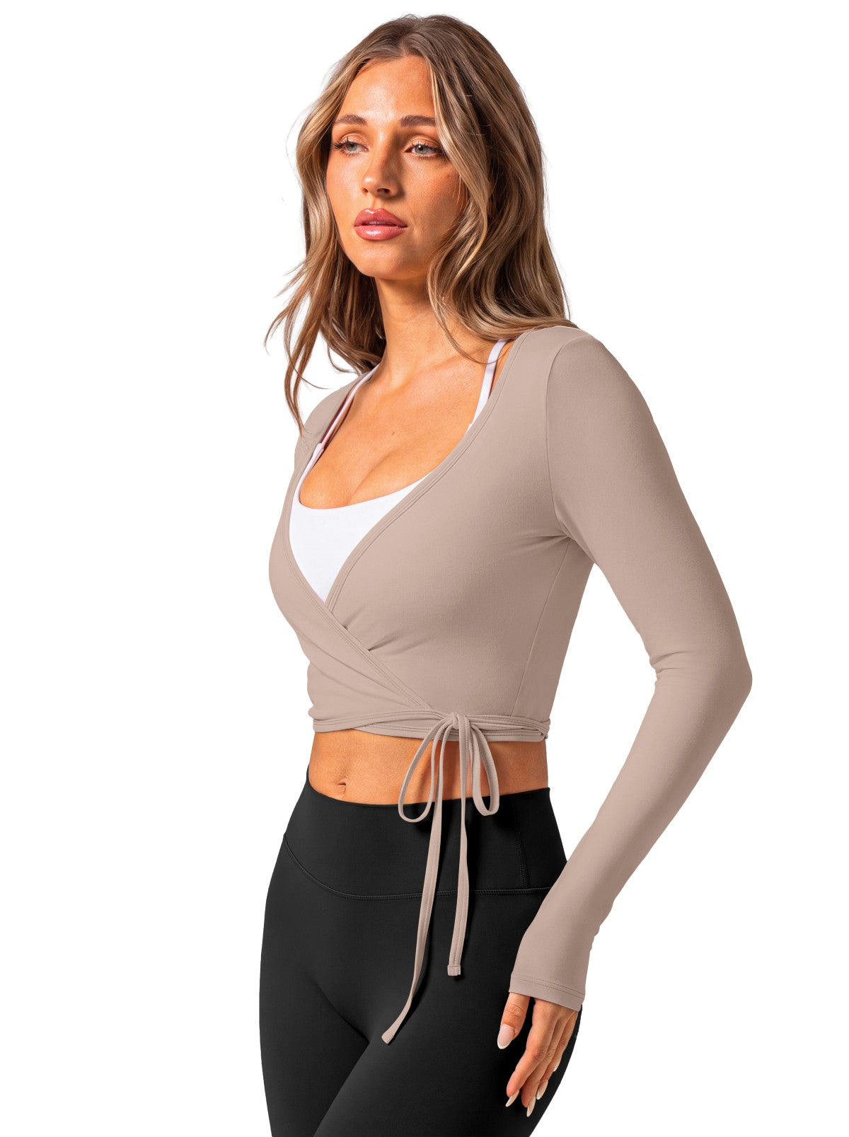 V Neck Long Sleeve Wrap Top with Adjustable Tie