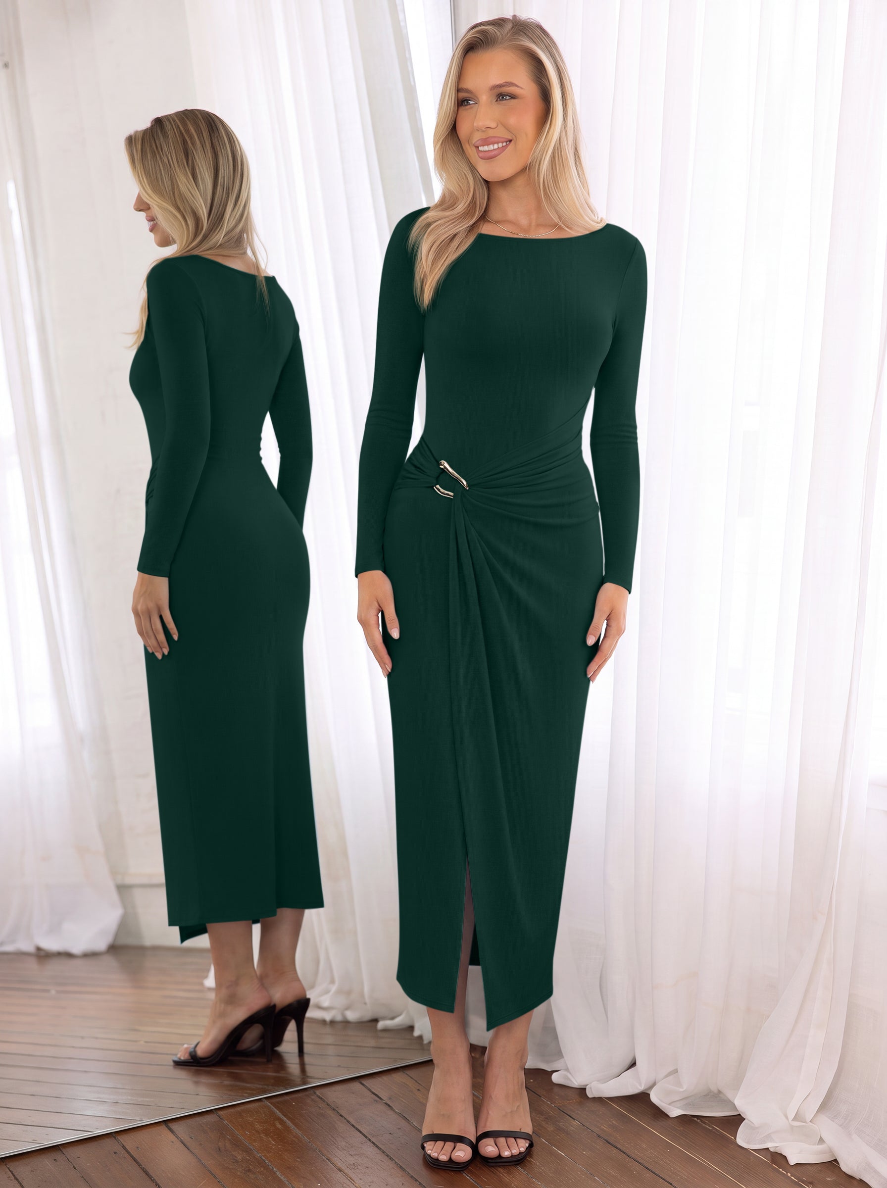 Boat Neck Ruched Midi Dress with Gold Buckle