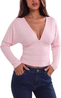 V Neck Ruched Batwing Sleeve Slim Fit Top