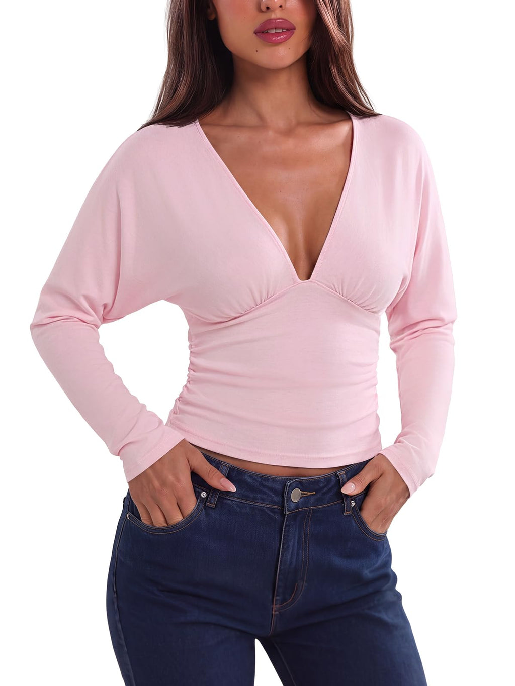 V Neck Ruched Batwing Sleeve Slim Fit Top