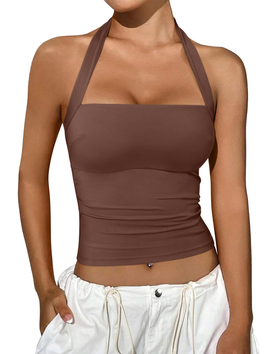 REORIA Halter Tops for Women Summer Sleeveless Going Out Outfits Y2K Trendy Cute Crop Tank Top Clothes