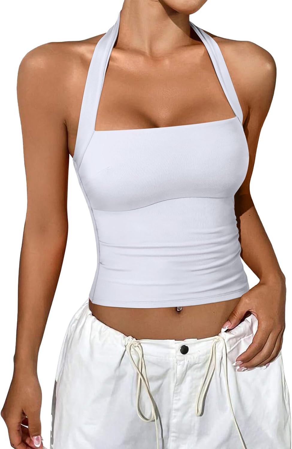 REORIA Halter Tops for Women Summer Sleeveless Going Out Outfits Y2K Trendy Cute Crop Tank Top Clothes