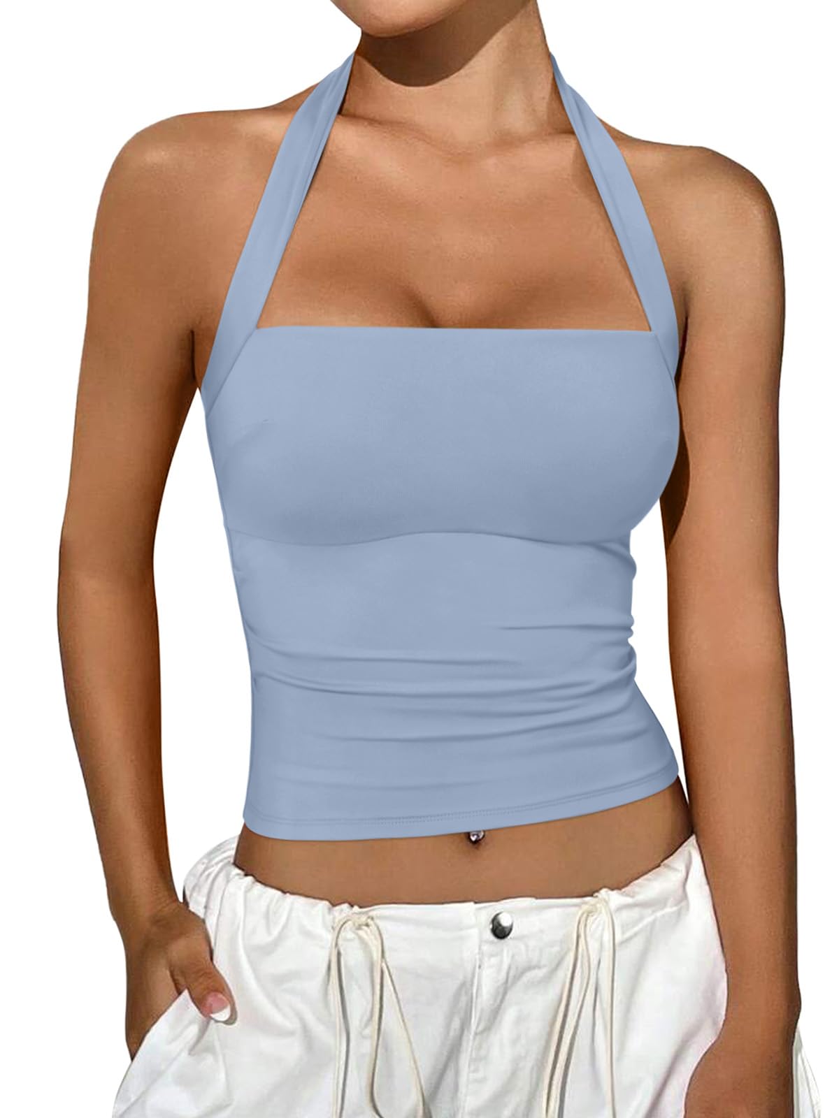 REORIA Halter Tops for Women Summer Sleeveless Going Out Outfits Y2K Trendy Cute Crop Tank Top Clothes