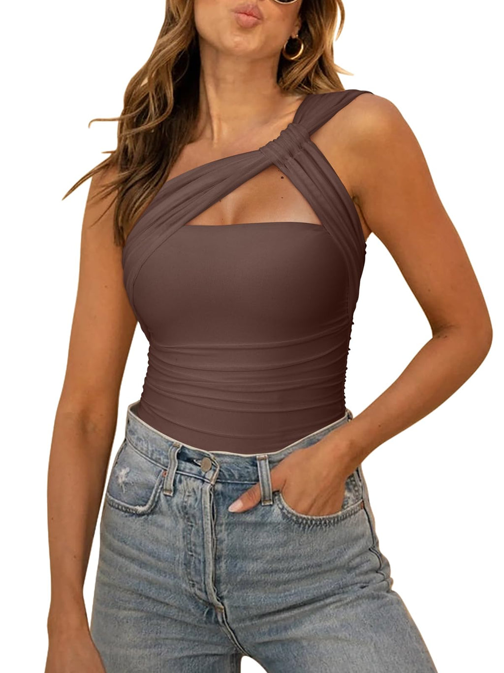 REORIA Womens Sexy One Shoulder Asymmetrical Leopard Print Mesh Ruched Backless Going Out Bodysuits Tops