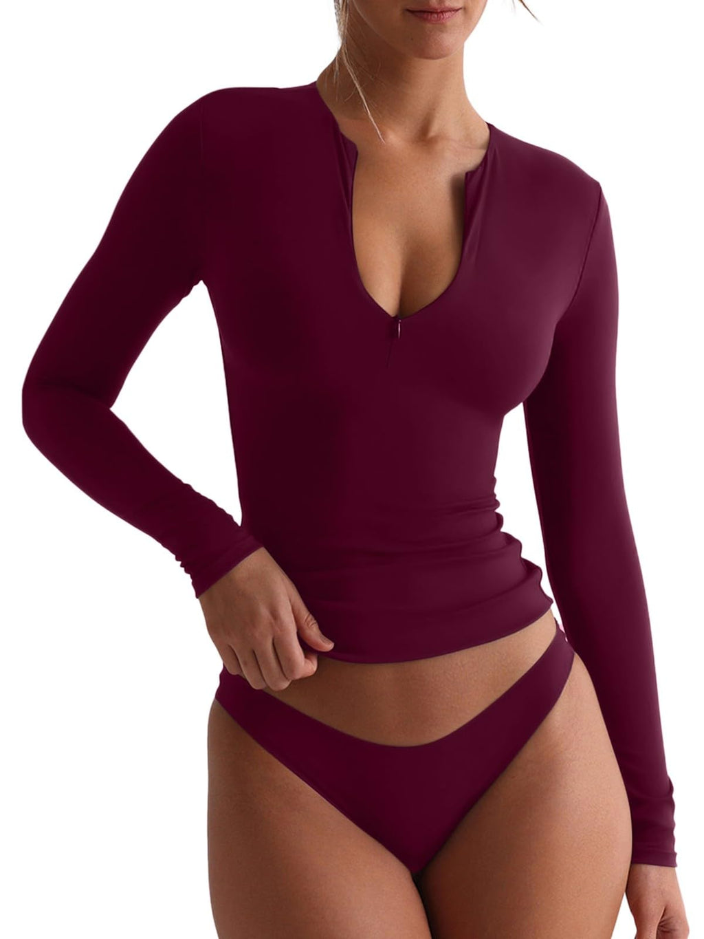 Quarter Zip V Neck Long Sleeve Cropped Top