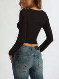Square Neck Long Sleeve Shirts Double Lined Tops Tight Shirts - REORIA