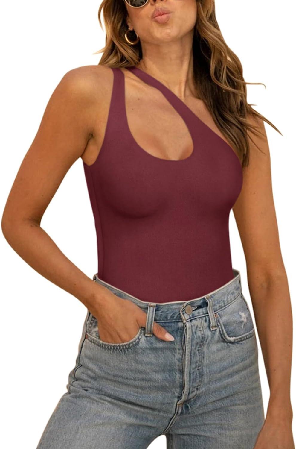 Plunge One Shoulder Sleeveless V Backless Tank Bodysuits Tops - REORIA