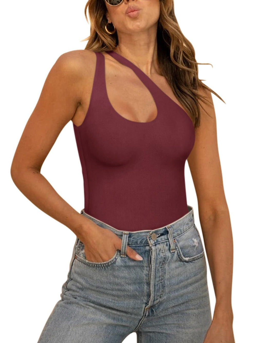 Plunge One Shoulder Sleeveless V Backless Tank Bodysuits Tops - REORIA
