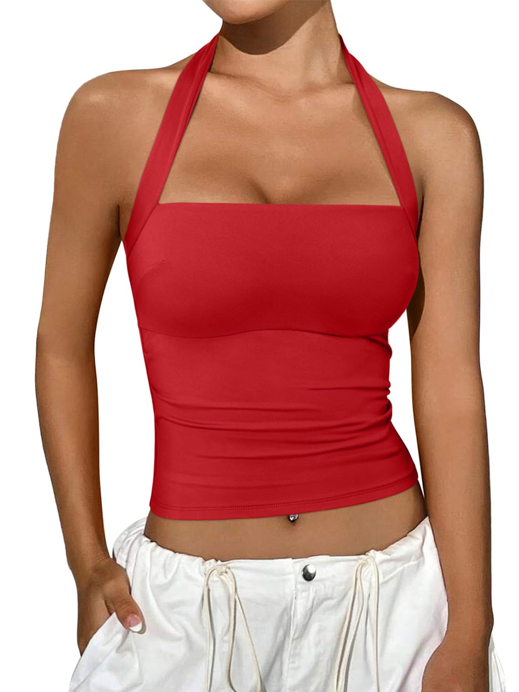 REORIA Halter Tops for Women Summer Sleeveless Going Out Outfits Y2K Trendy Cute Crop Tank Top Clothes