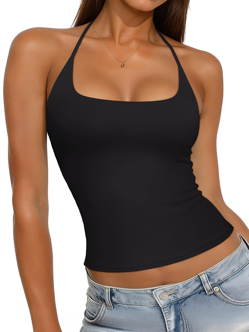 REORIA Womens Sexy Halter Backless Tank Tops Basic Double Lined Camisole Crop Tops Y2K Trendy Sleeveless Shirts Going Out Top
