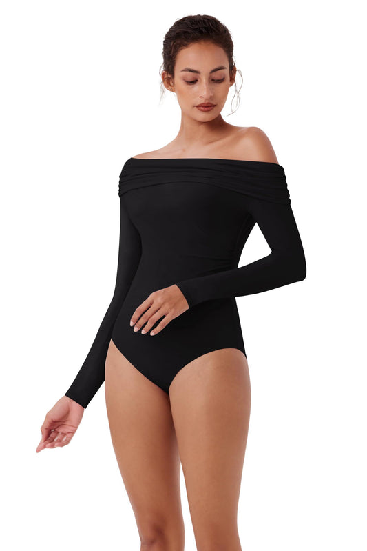 Single Off-Shoulder Bodysuit Double Layer Ruching Sexy Elegant Tops - REORIA