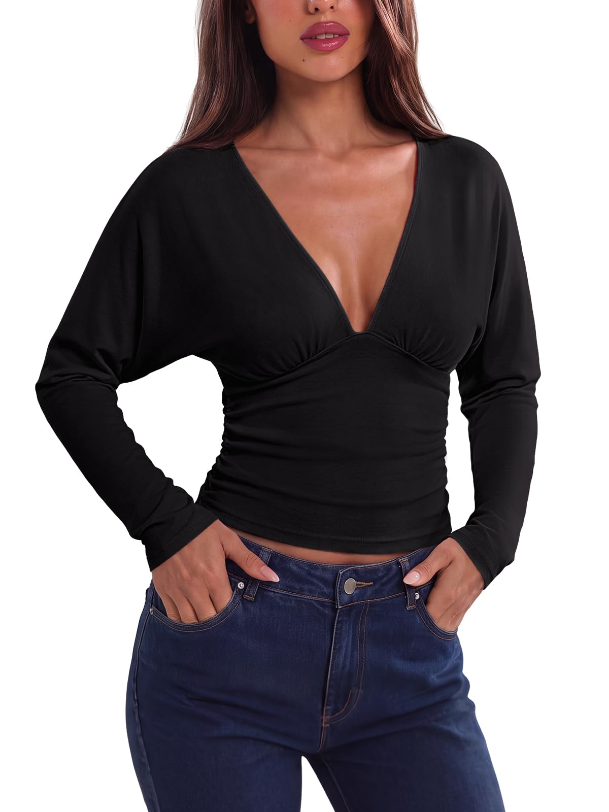 V Neck Ruched Batwing Sleeve Slim Fit Top