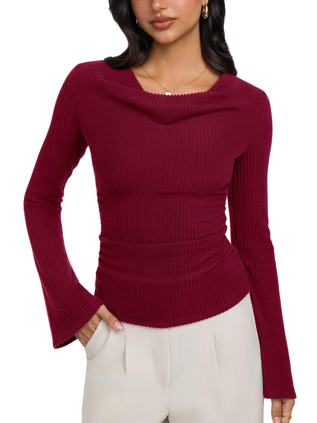 Cowl Neck Ribbed Knit Bell Sleeve Top