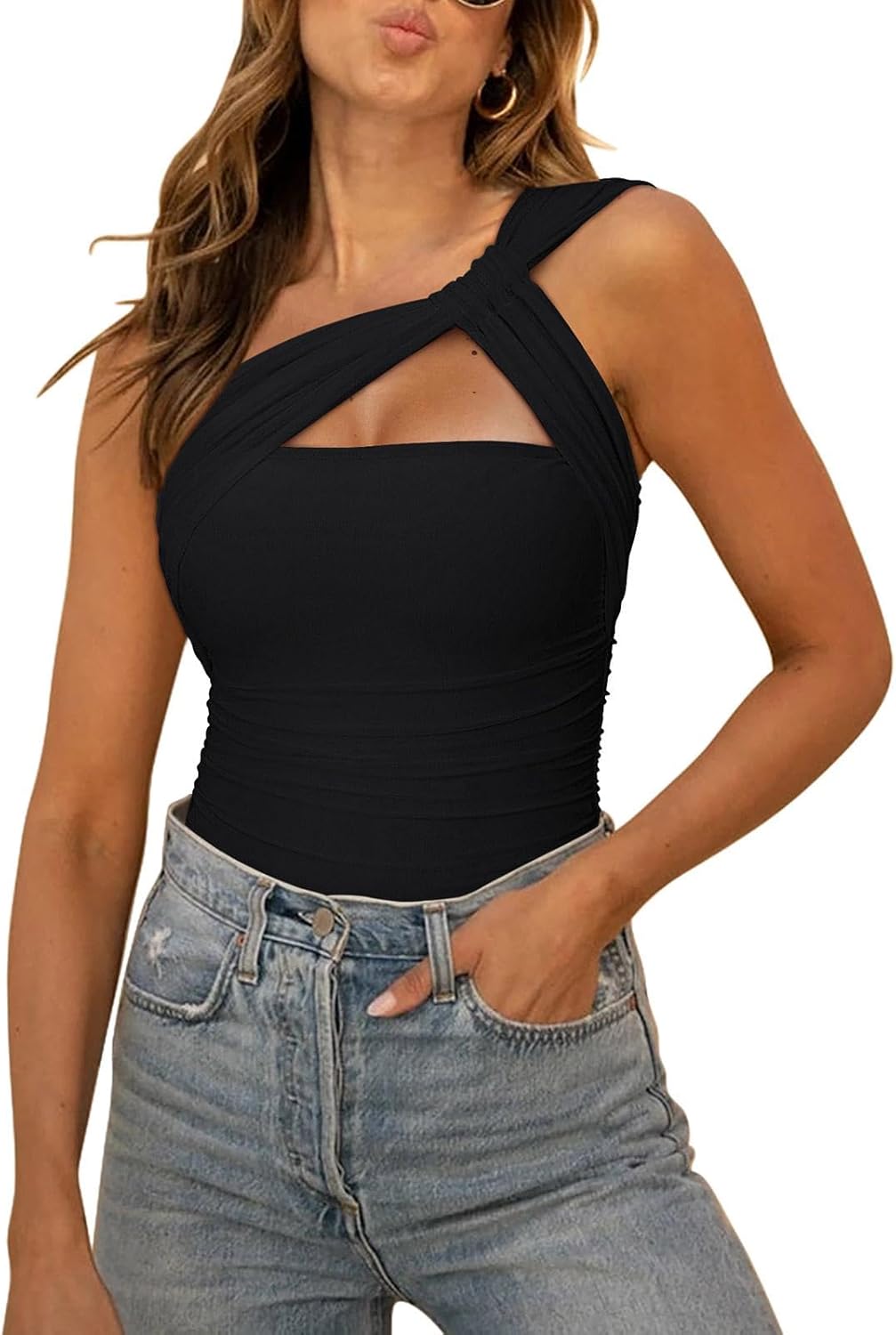 REORIA Womens Sexy One Shoulder Asymmetrical Leopard Print Mesh Ruched Backless Going Out Bodysuits Tops