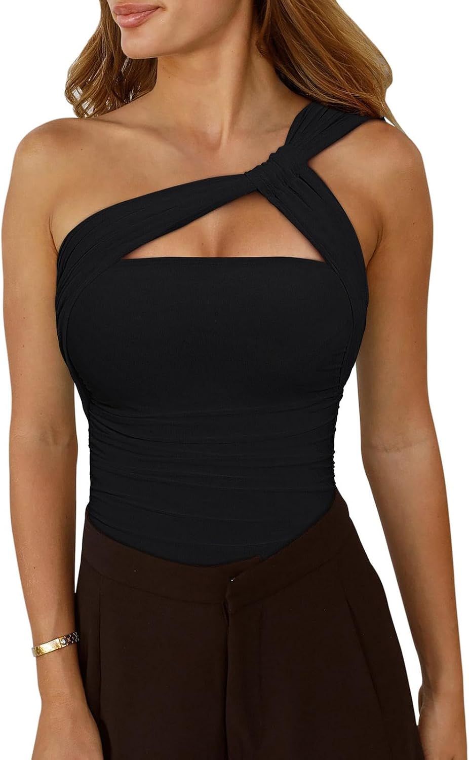 REORIA Womens Sexy One Shoulder Asymmetrical Leopard Print Mesh Ruched Backless Going Out Bodysuits Tops