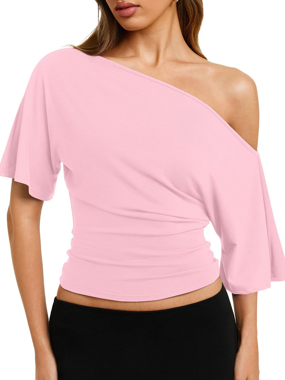 REORIA Womens Off The Shoulder Tops Dolman Sleeve Tee Shirts Banded Cinched Waist Casual Loose Summer Outfits 2026