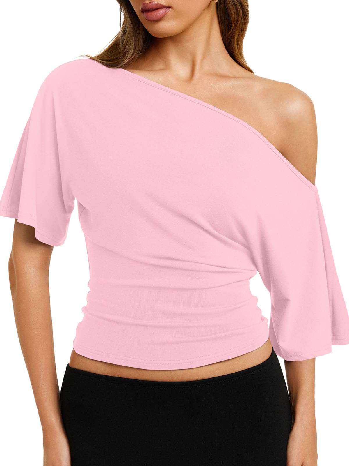 REORIA Womens Off The Shoulder Tops Dolman Sleeve Tee Shirts Banded Cinched Waist Casual Loose Summer Outfits 2026