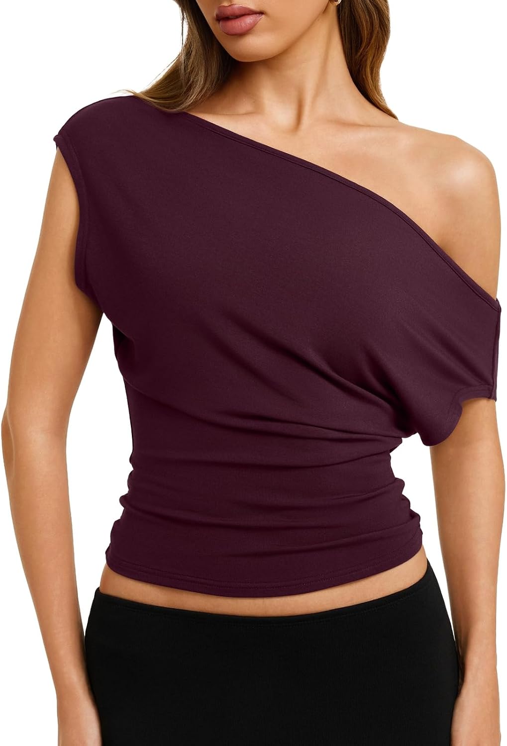 REORIA Womens Cinched Waist Off The Shoulder Tops Y2K Going Out T-Shirts | Soft Cotton Material Boat Neck Banded Bottom 2026 Summer Beach Fashion Casual Loose Cap Sleeves Shirts