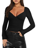 V Neck Long Sleeve Slim Fitted Side Ruched Trendy Y2K Going Out Crop Top - REORIA