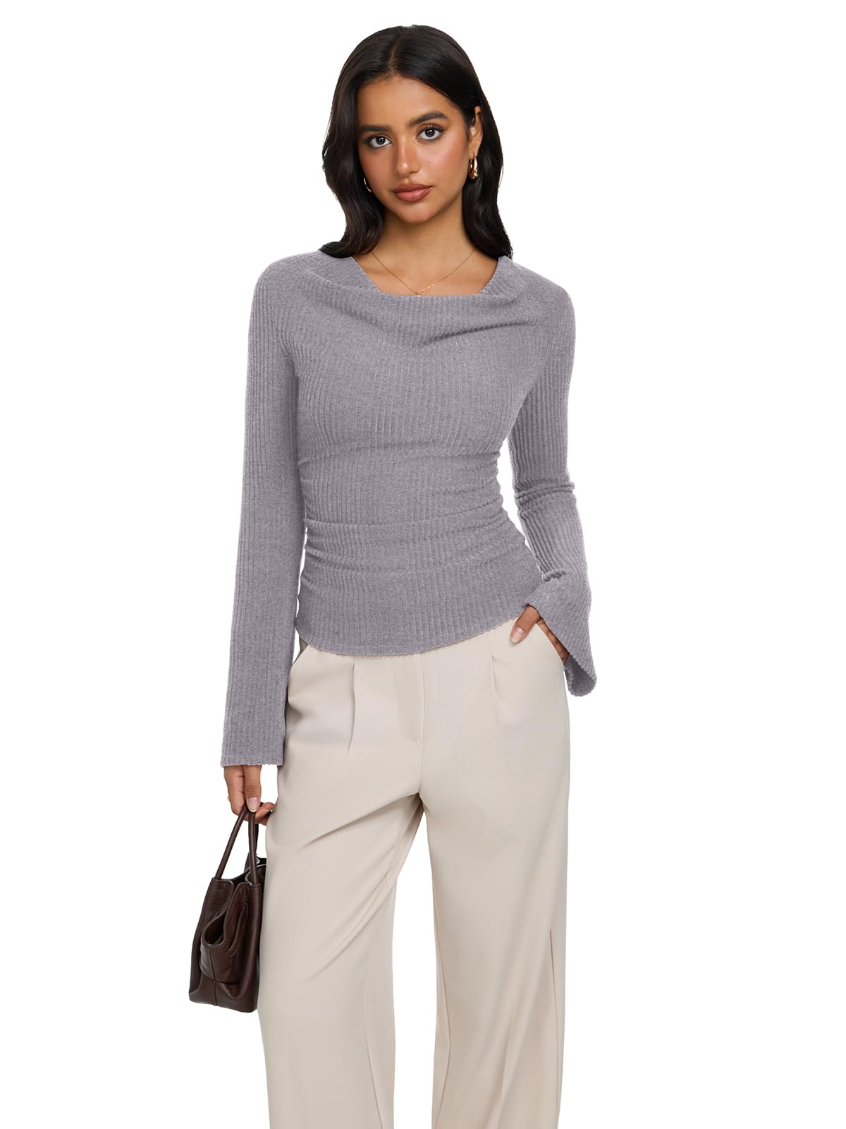 Cowl Neck Ribbed Knit Bell Sleeve Top