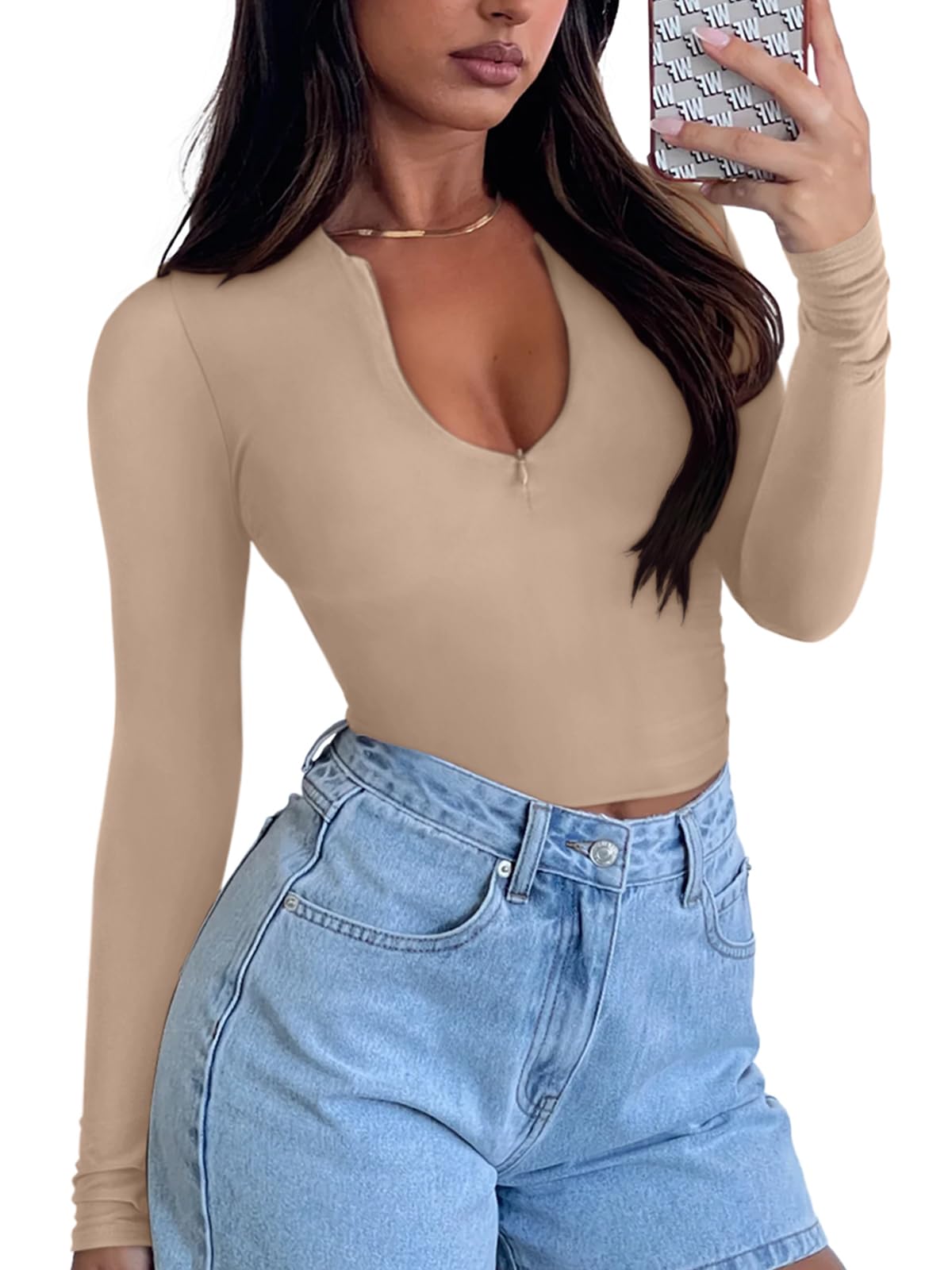 Quarter Zip V Neck Long Sleeve Cropped Top
