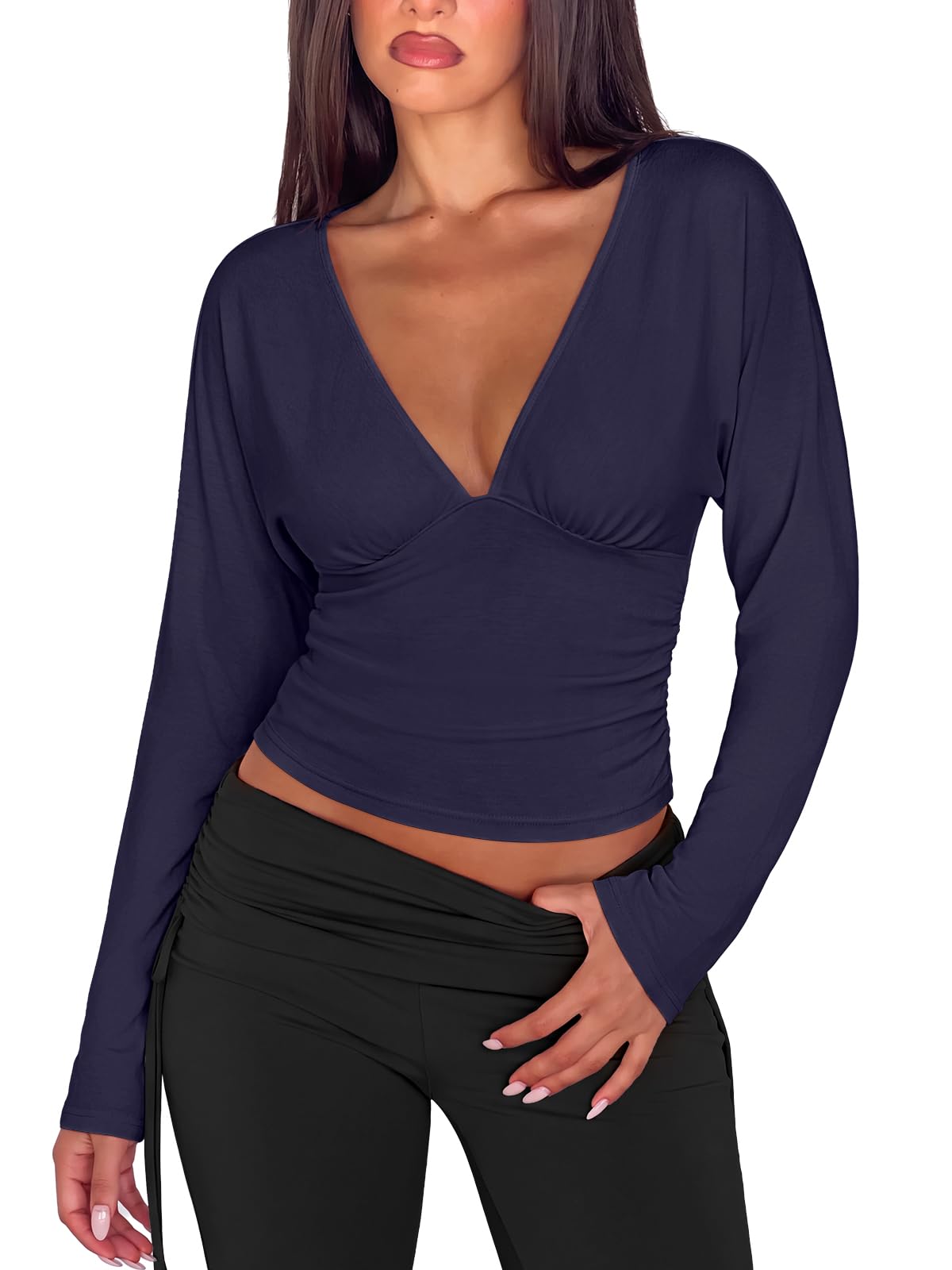 V Neck Ruched Batwing Sleeve Slim Fit Top