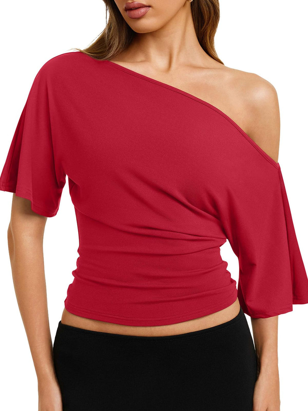 REORIA Womens Off The Shoulder Tops Dolman Sleeve Tee Shirts Banded Cinched Waist Casual Loose Summer Outfits 2026