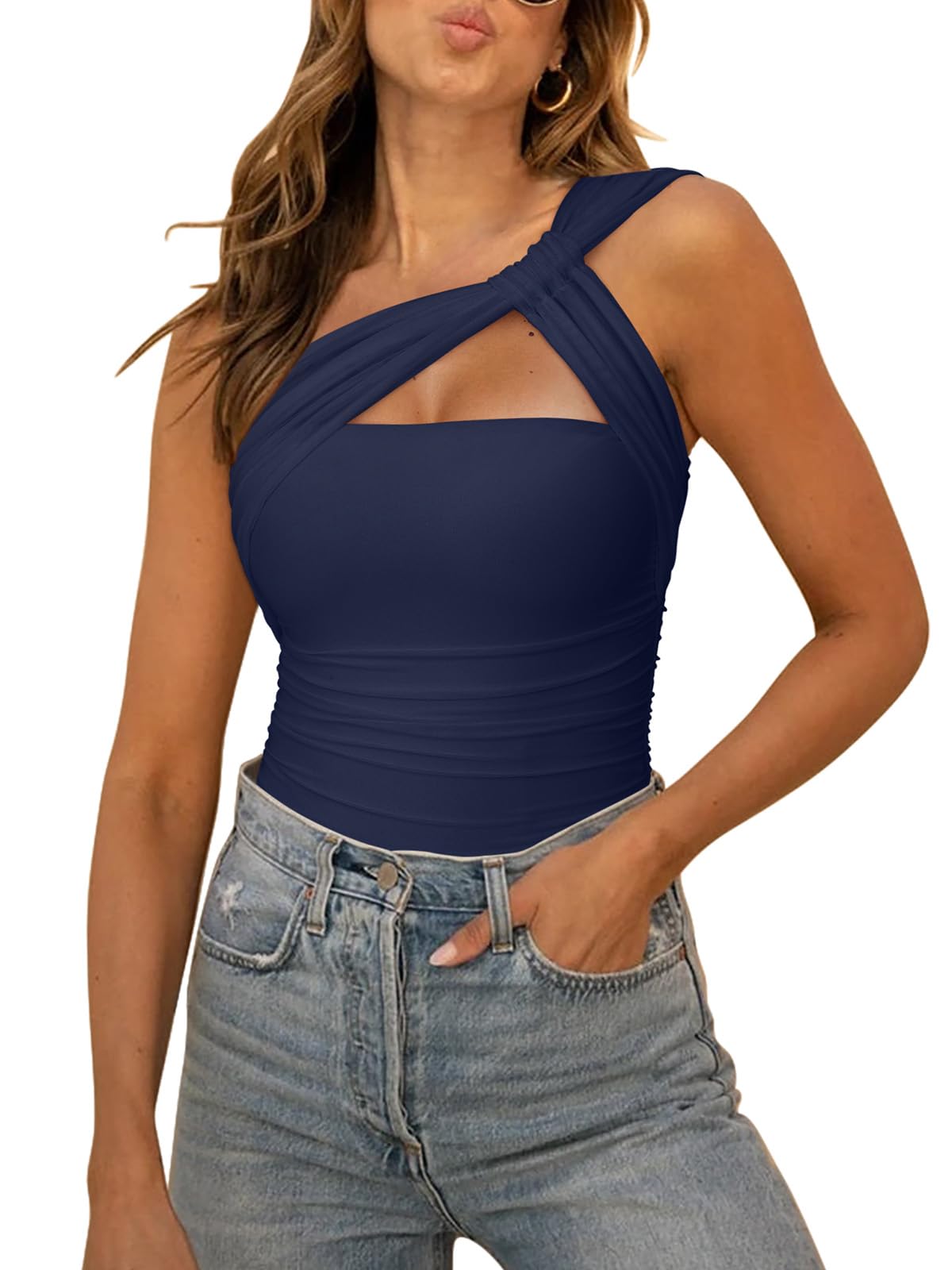 REORIA Womens Sexy One Shoulder Asymmetrical Leopard Print Mesh Ruched Backless Going Out Bodysuits Tops
