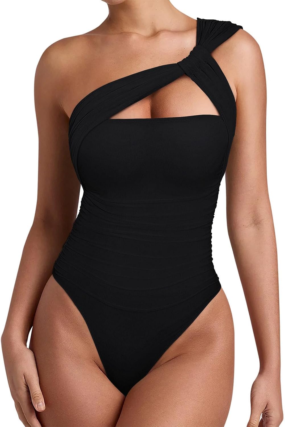 REORIA Womens Sexy One Shoulder Asymmetrical Leopard Print Mesh Ruched Backless Going Out Bodysuits Tops