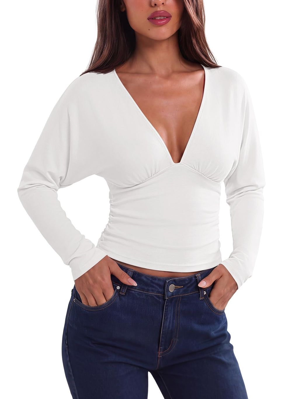 V Neck Ruched Batwing Sleeve Slim Fit Top