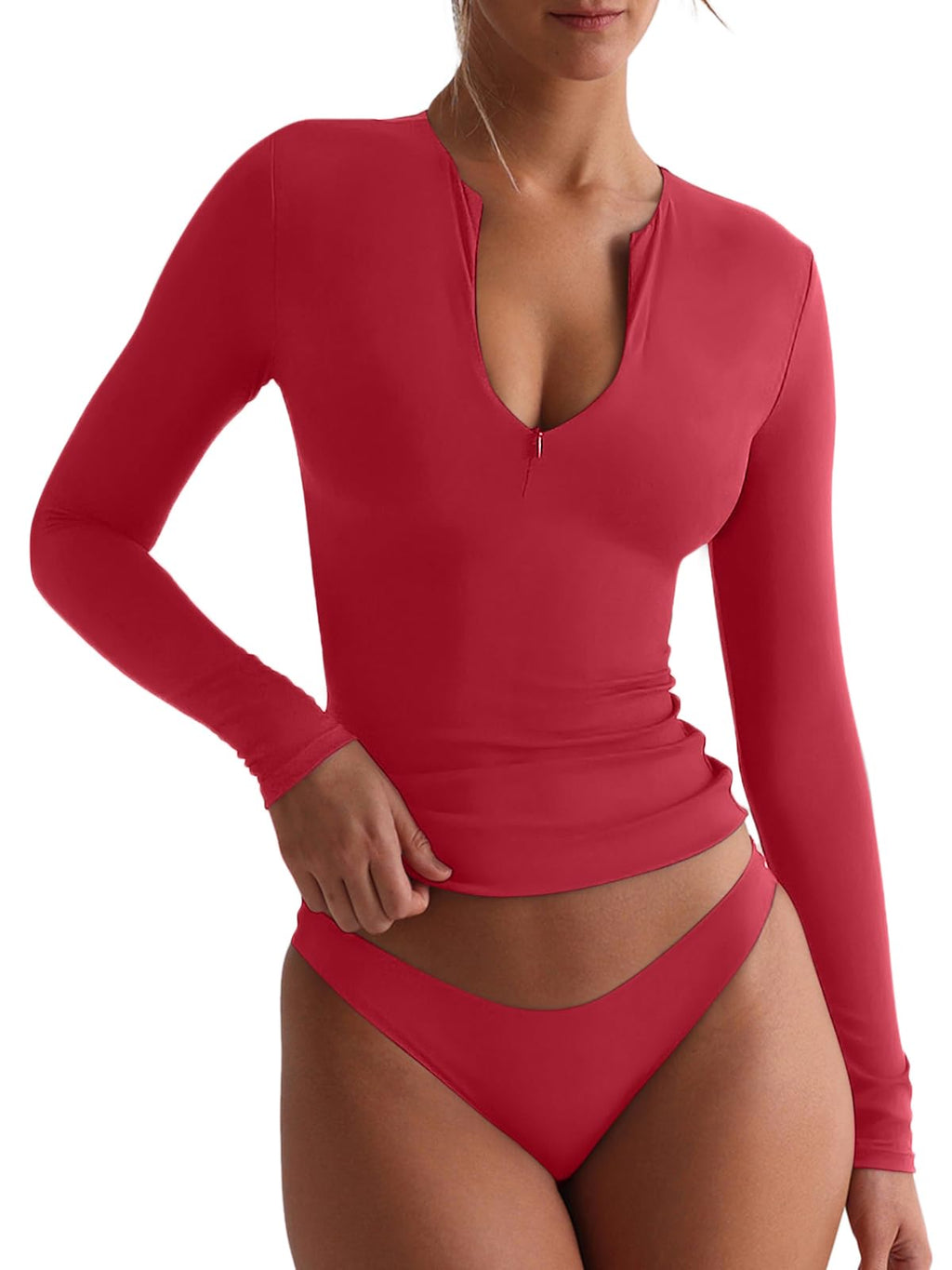 Quarter Zip V Neck Long Sleeve Cropped Top