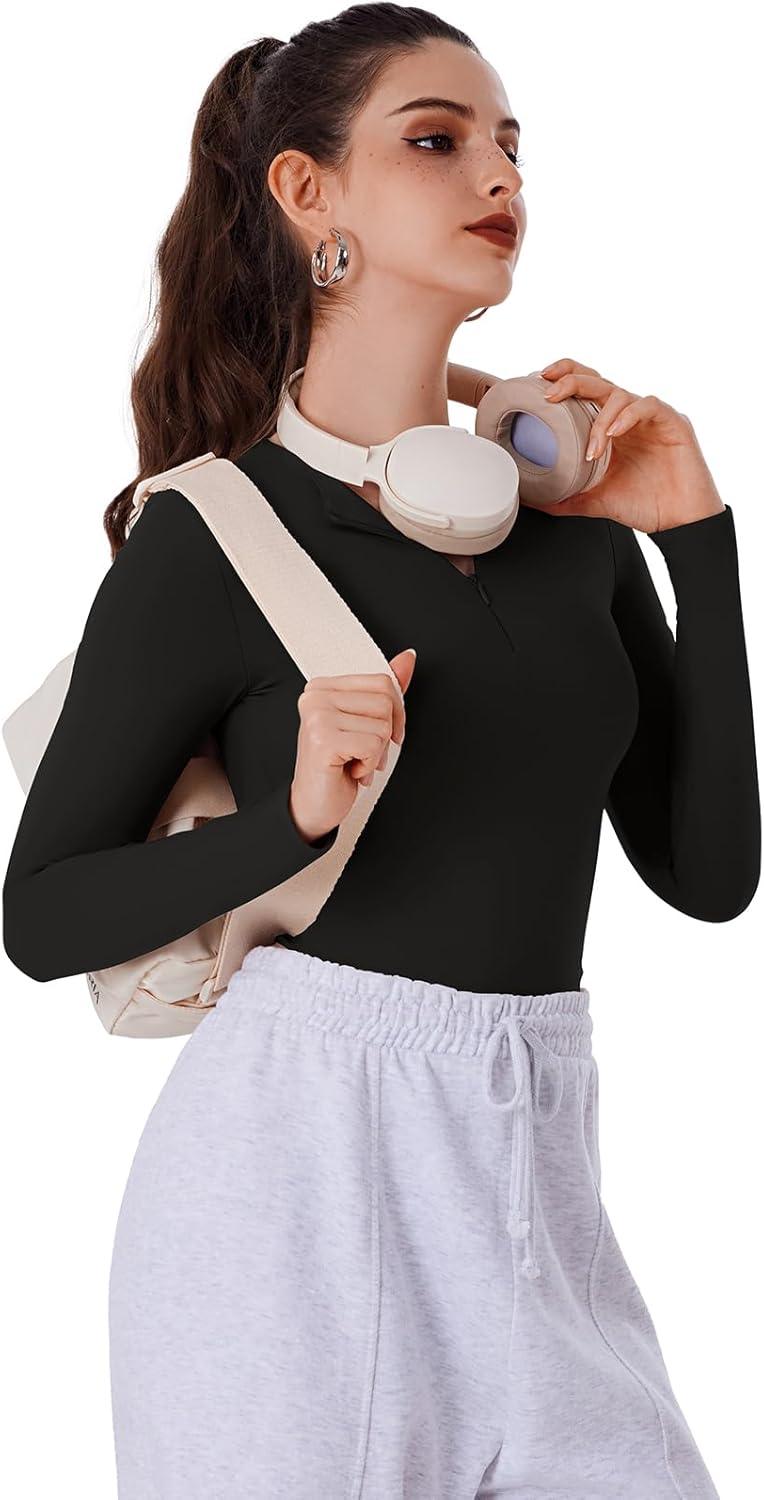 Quarter Zip Sexy V Neck Long Sleeve Cropped Top - REORIA