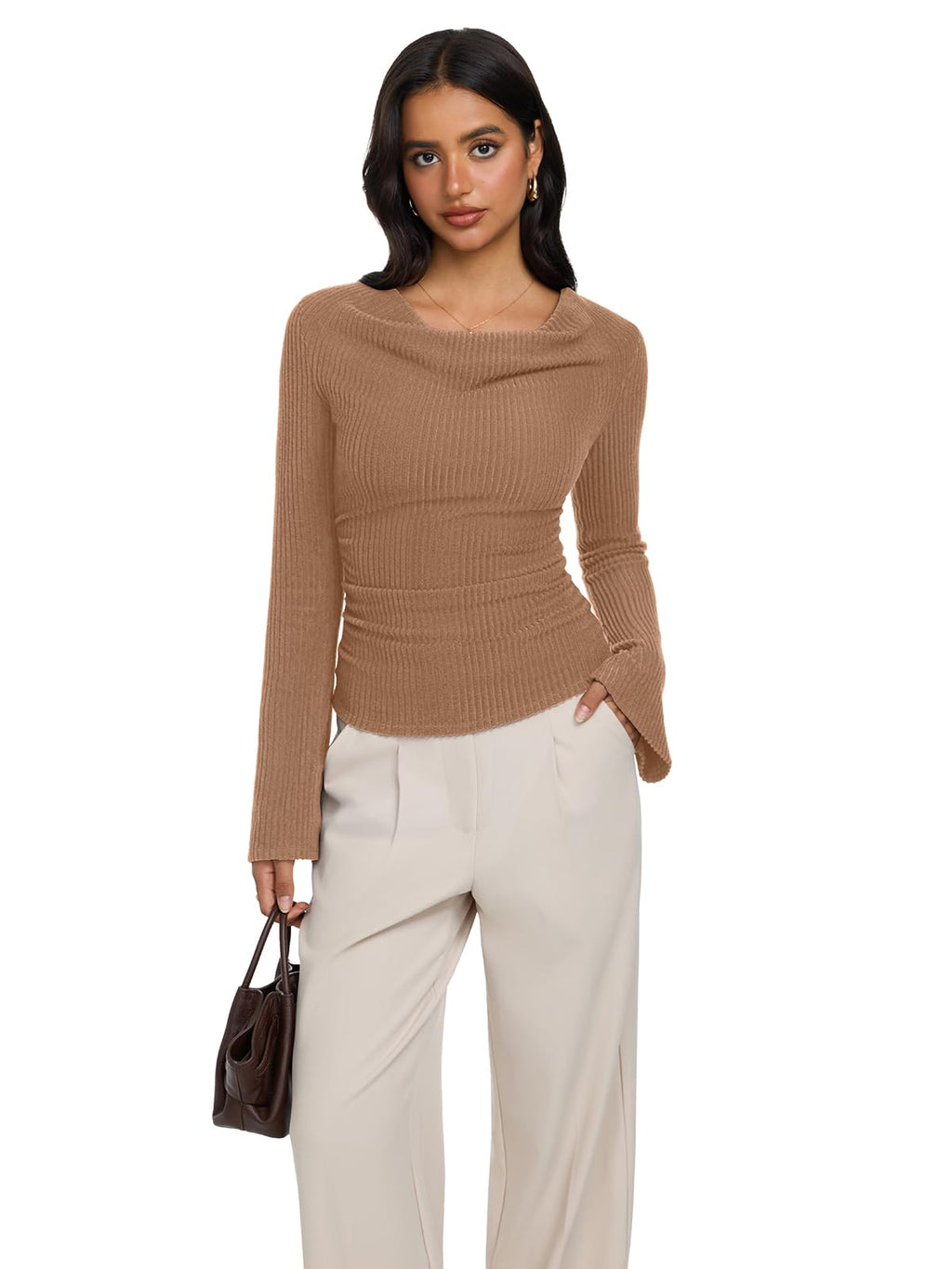Cowl Neck Ribbed Knit Bell Sleeve Top