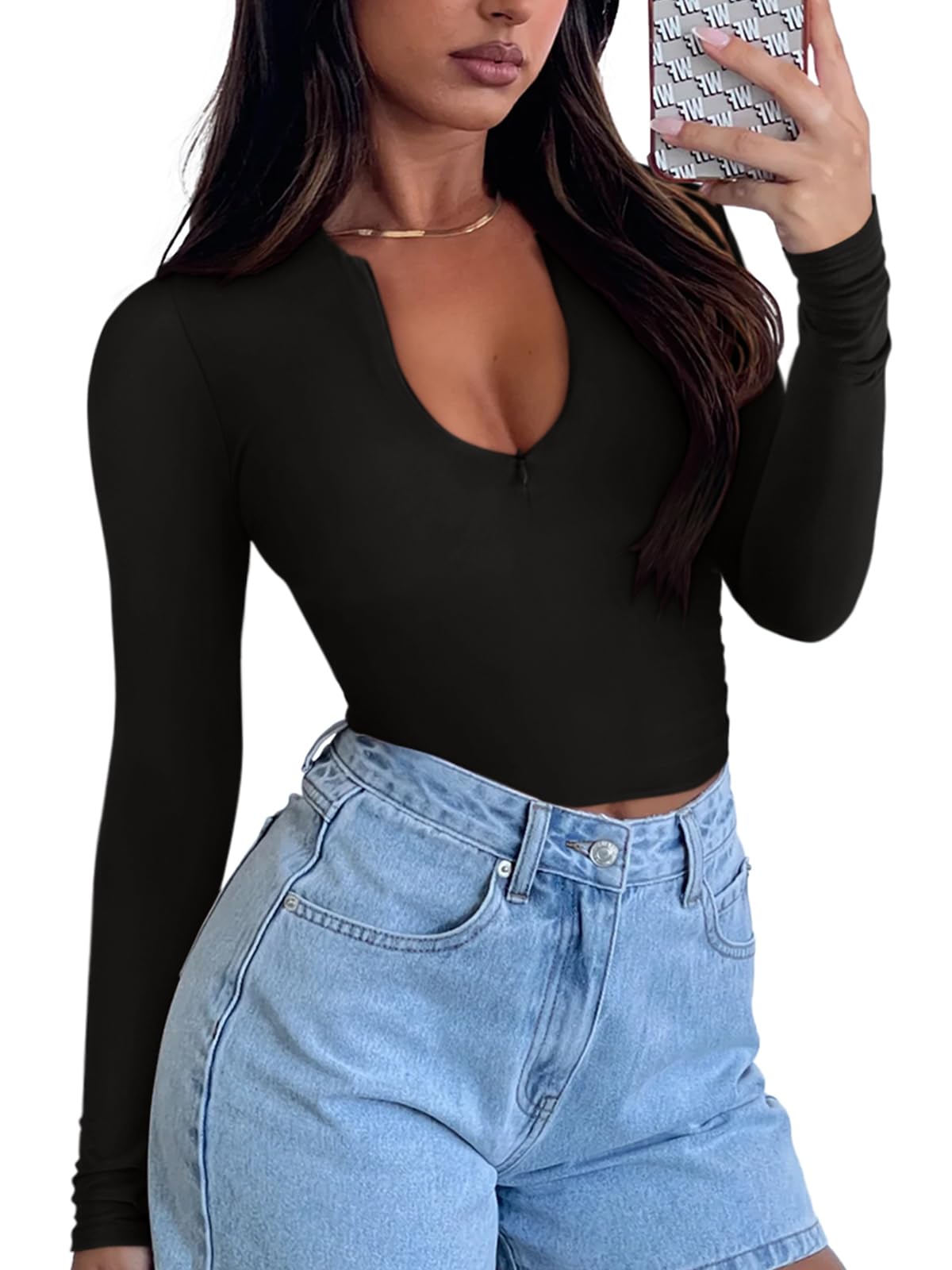 Quarter Zip V Neck Long Sleeve Cropped Top
