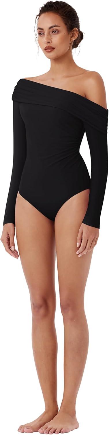 Single Off-Shoulder Bodysuit Double Layer Ruching Sexy Elegant Tops - REORIA