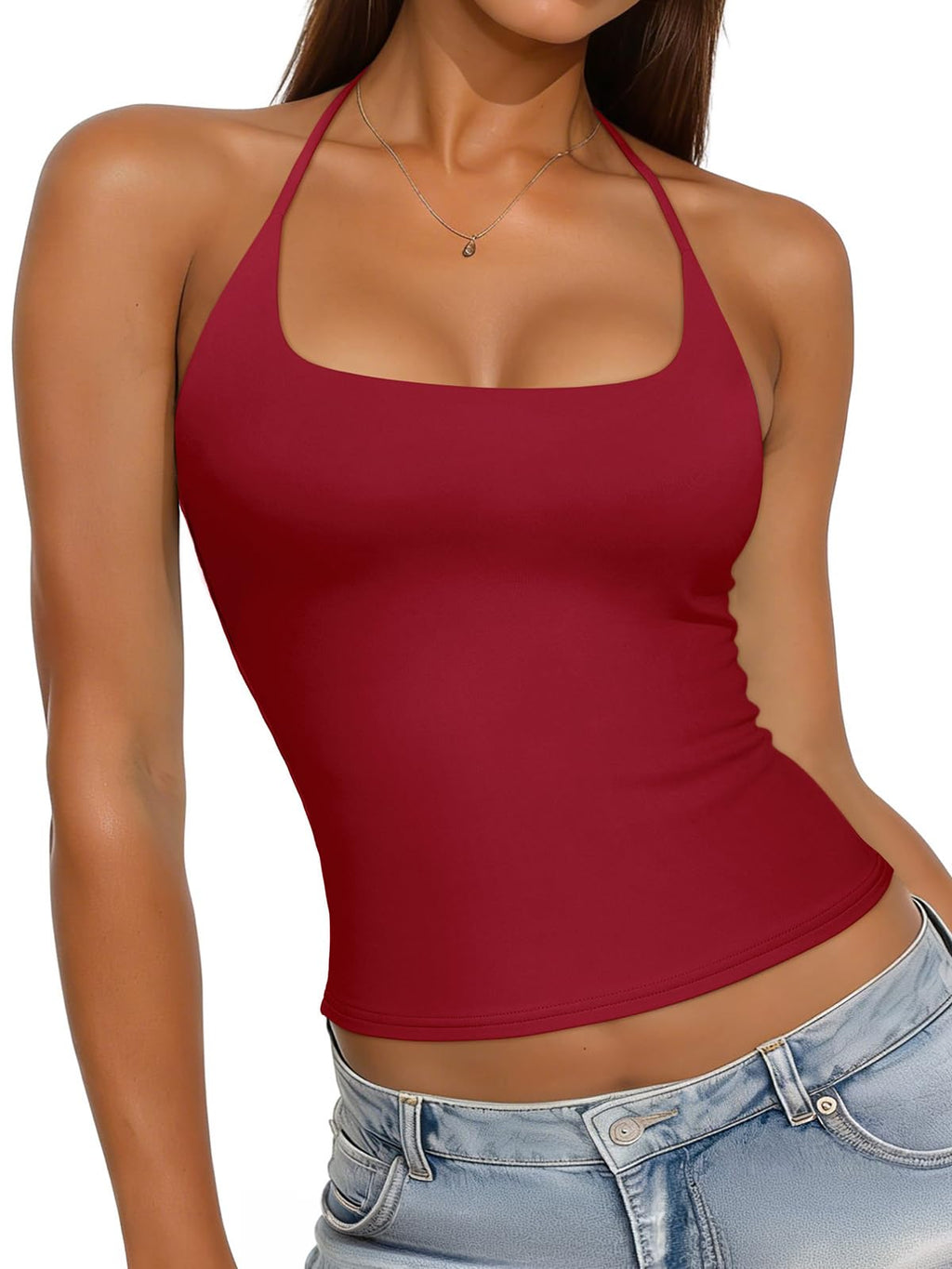 REORIA Womens Sexy Halter Backless Tank Tops Basic Double Lined Camisole Crop Tops Y2K Trendy Sleeveless Shirts Going Out Top