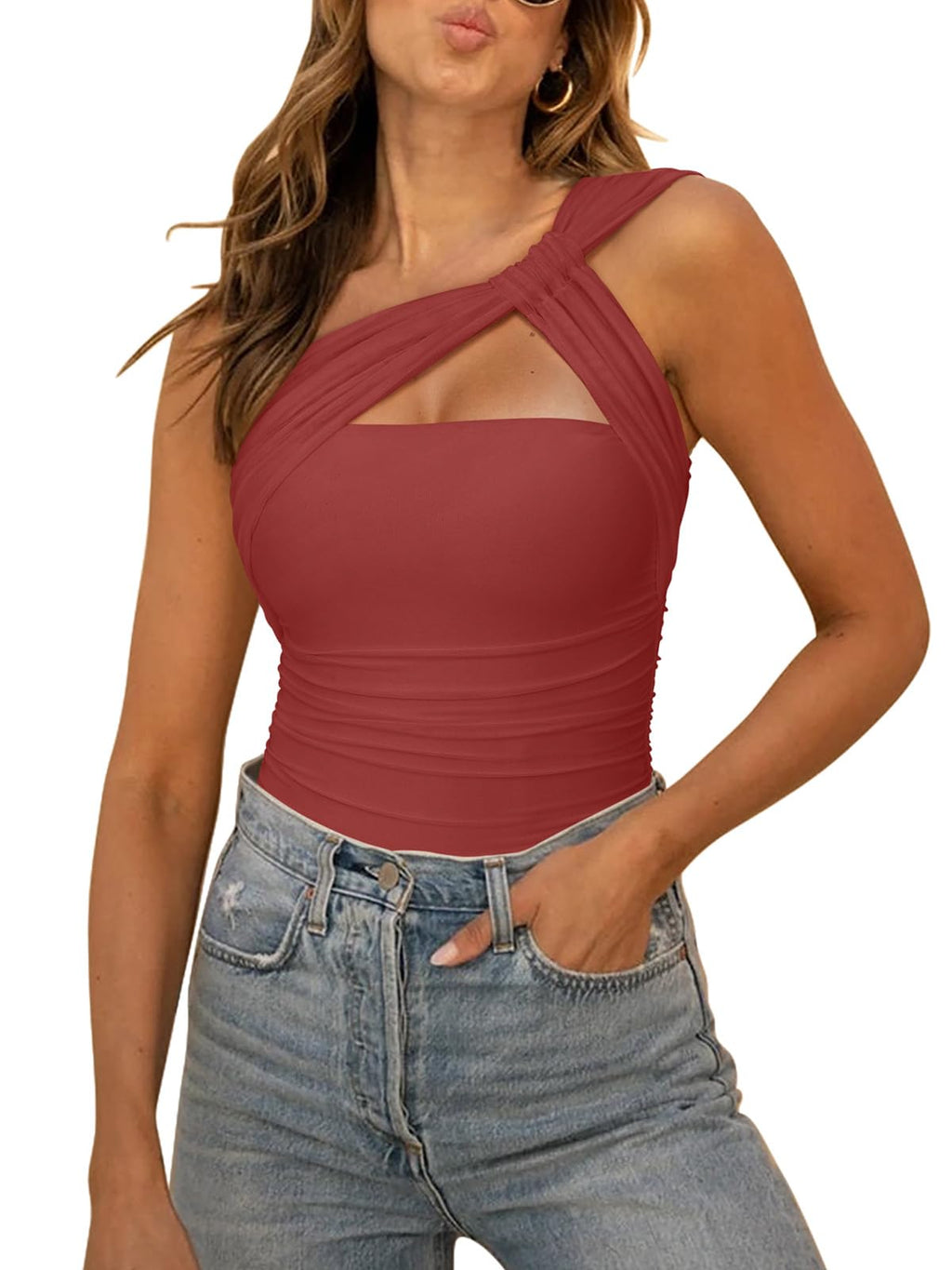 REORIA Womens Sexy One Shoulder Asymmetrical Leopard Print Mesh Ruched Backless Going Out Bodysuits Tops