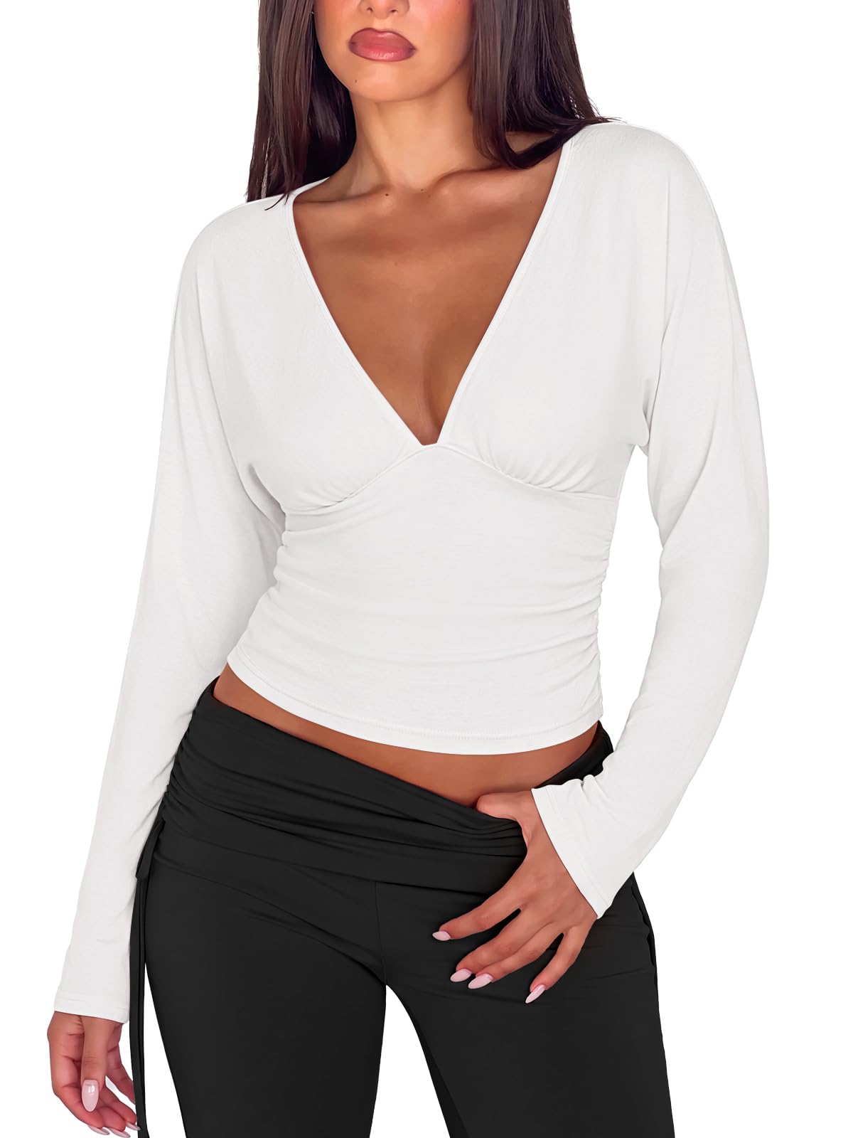 V Neck Ruched Batwing Sleeve Slim Fit Top