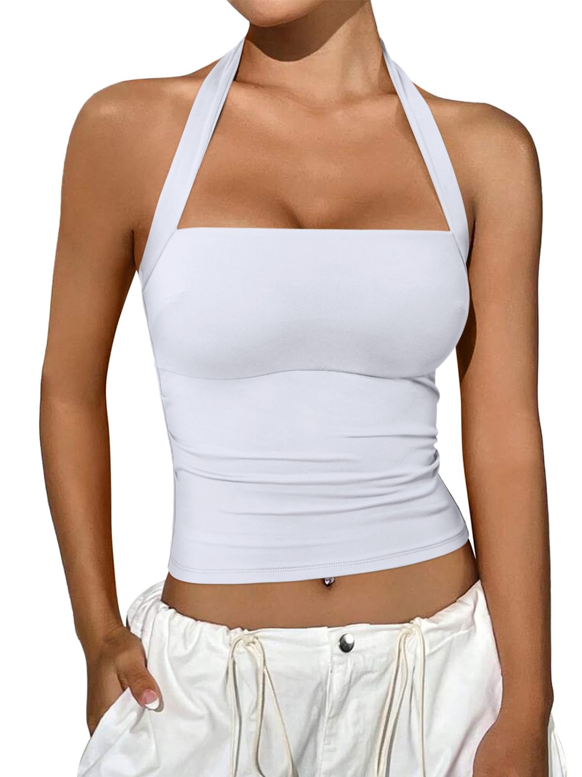 REORIA Halter Tops for Women Summer Sleeveless Going Out Outfits Y2K Trendy Cute Crop Tank Top Clothes