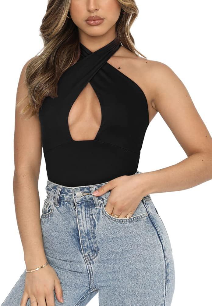 Mystique Cross Halter Bodysuits Tops - REORIA