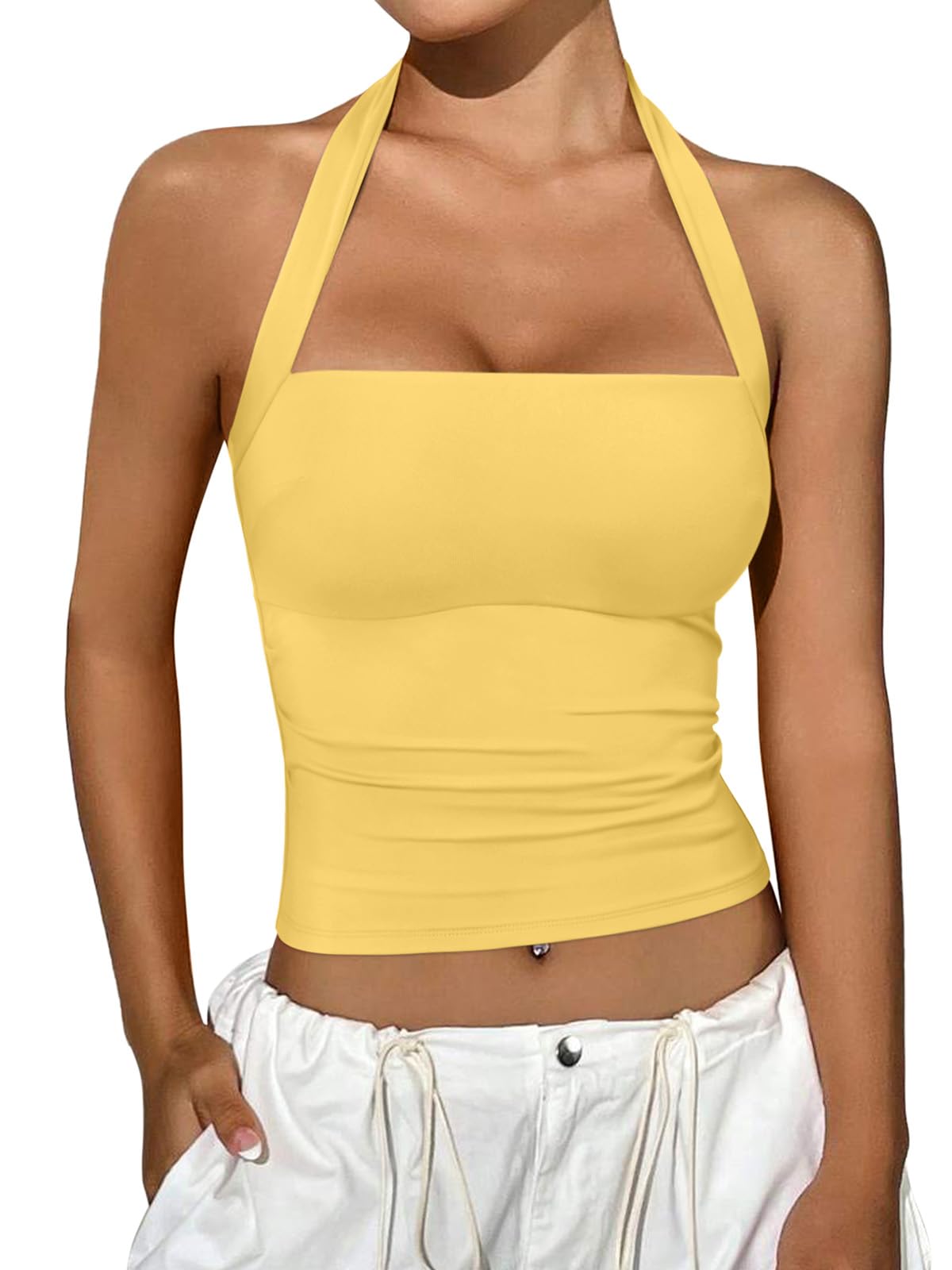 REORIA Halter Tops for Women Summer Sleeveless Going Out Outfits Y2K Trendy Cute Crop Tank Top Clothes