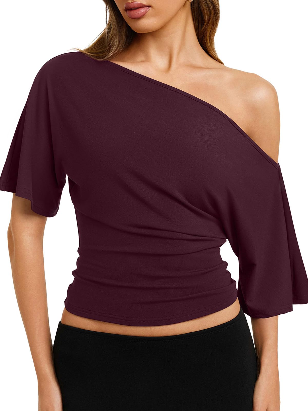 REORIA Womens Off The Shoulder Tops Dolman Sleeve Tee Shirts Banded Cinched Waist Casual Loose Summer Outfits 2026