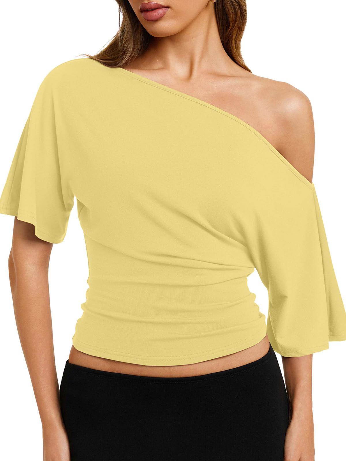 REORIA Womens Off The Shoulder Tops Dolman Sleeve Tee Shirts Banded Cinched Waist Casual Loose Summer Outfits 2026