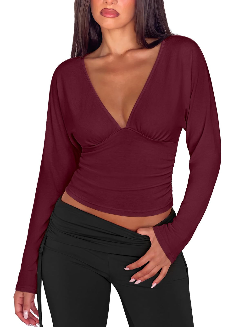 V Neck Ruched Batwing Sleeve Slim Fit Top