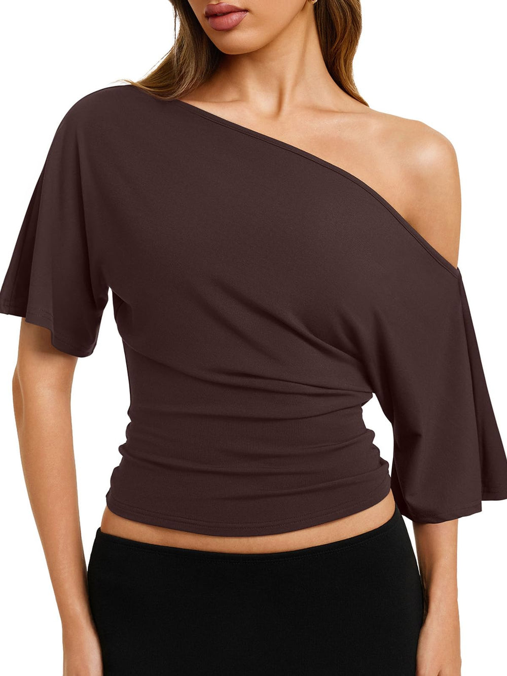 REORIA Womens Off The Shoulder Tops Dolman Sleeve Tee Shirts Banded Cinched Waist Casual Loose Summer Outfits 2026