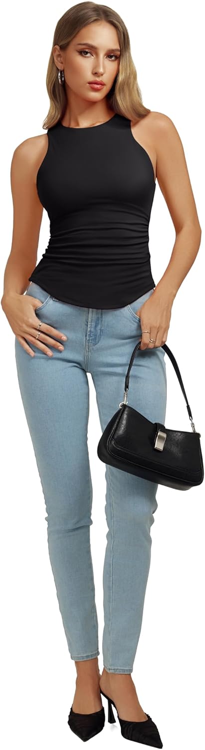 REORIA Womens High Neck Sleeveless Tank Tops Racerback Double Lined Basic Tops Summer Fitted Going Out Tops