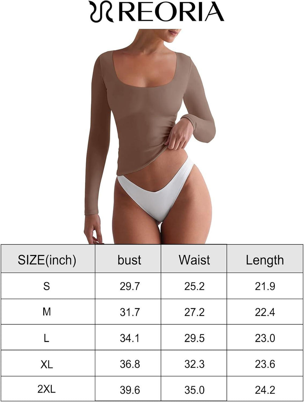 Square Neck Long Sleeve Shirts Double Lined Tops Tight Shirts - REORIA